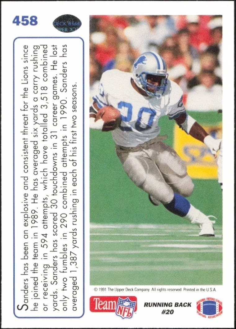 1991 Upper Deck Barry Sanders #458 football trading card back