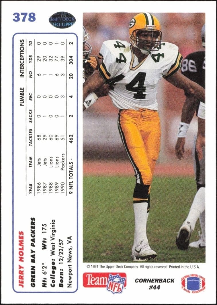 1991 Upper Deck Jerry Holmes #378 football trading card back
