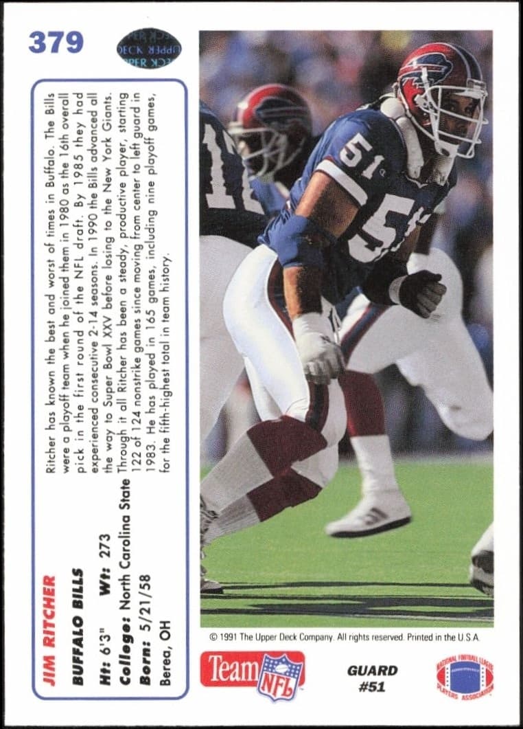 1991 Upper Deck Jim Ritcher #379 football trading card back