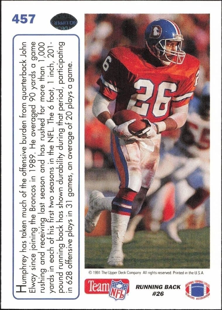 1991 Upper Deck Bobby Humphrey #457 football trading card back