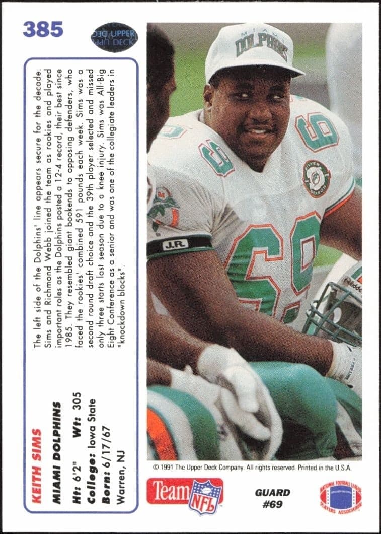 1991 Upper Deck Keith Sims #385 football trading card back