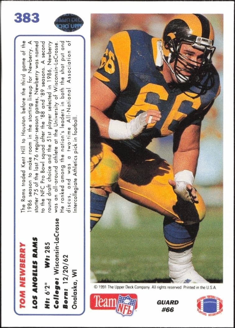 1991 Upper Deck Tom Newberry #383 football trading card back