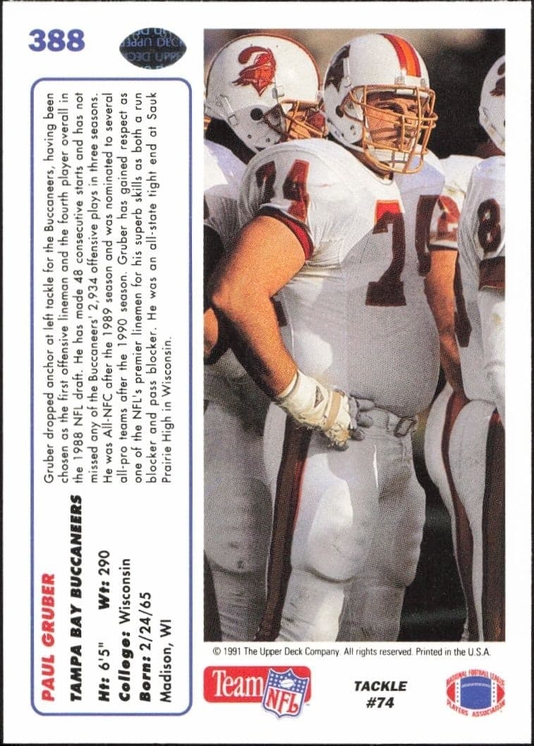 1991 Upper Deck Paul Gruber #388 football trading card back