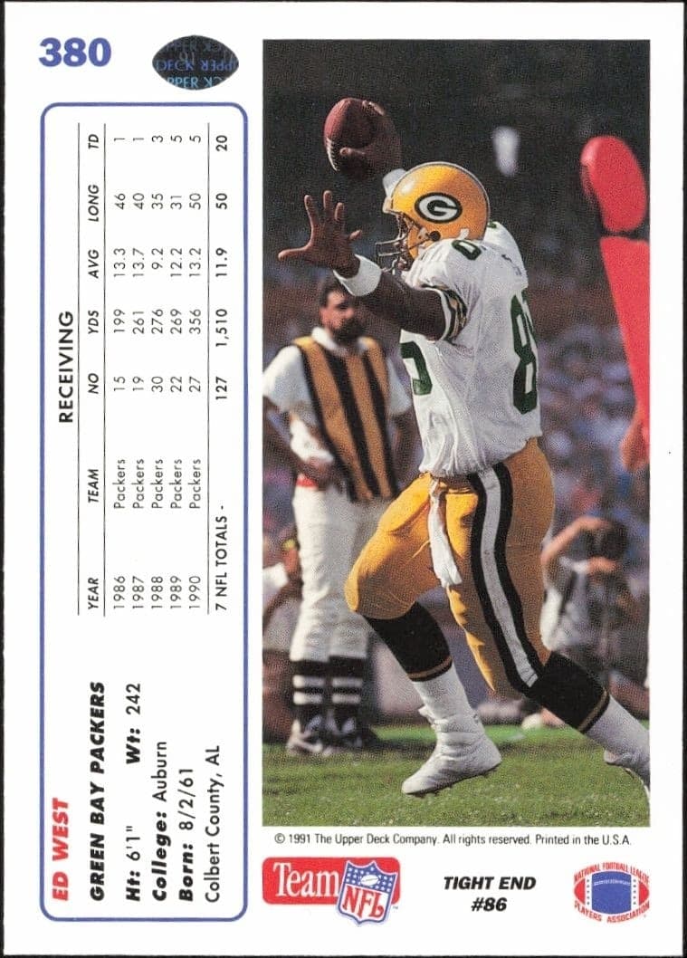 1991 Upper Deck Ed West #380 football trading card back