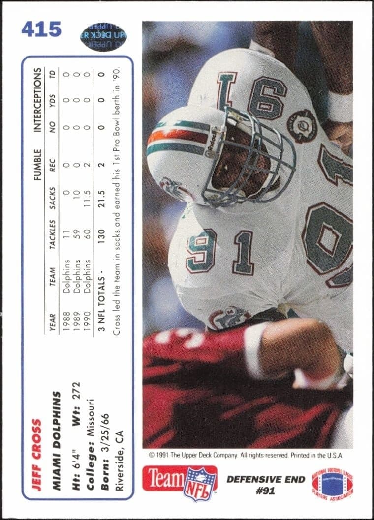 1991 Upper Deck Jeff Cross #415 football trading card back