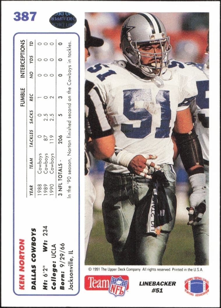 1991 Upper Deck Ken Norton #387 football trading card back