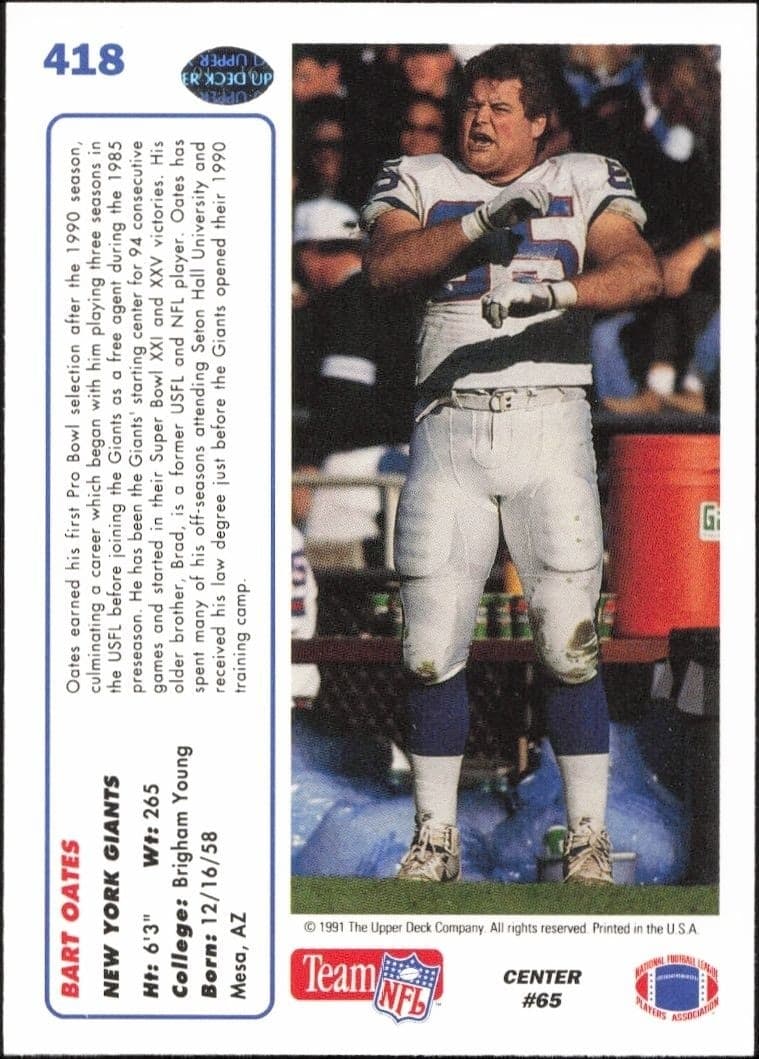 1991 Upper Deck Bart Oates #418 football trading card back