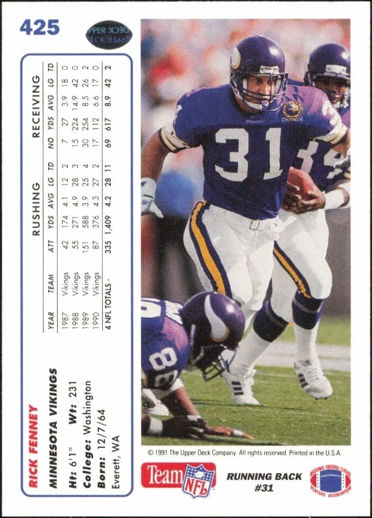 1991 Upper Deck Rick Fenney #425 football trading card back