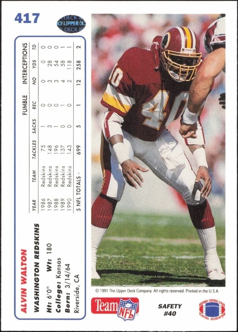 1991 Upper Deck Alvin Walton #417 football trading card back