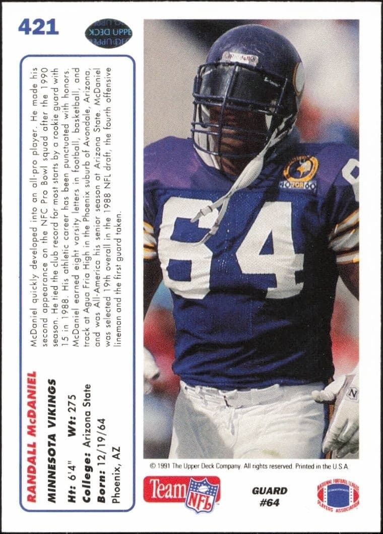 1991 Upper Deck Randall McDaniel #421 football trading card back