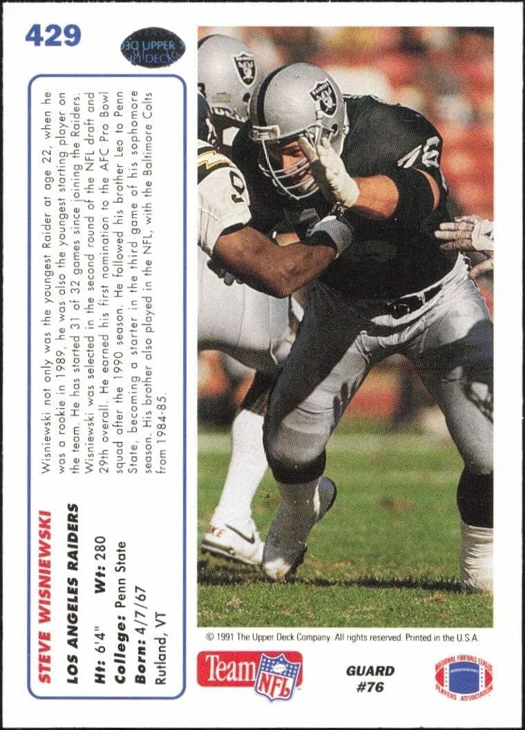 1991 Upper Deck Steve Wisniewski #429 football trading card back