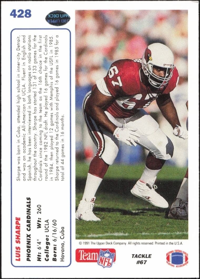 1991 Upper Deck Luis Sharpe #428 football trading card back