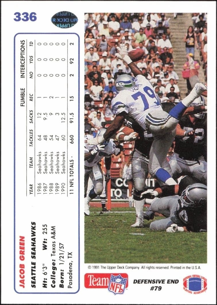 1991 Upper Deck Jacob Green #336 football trading card back
