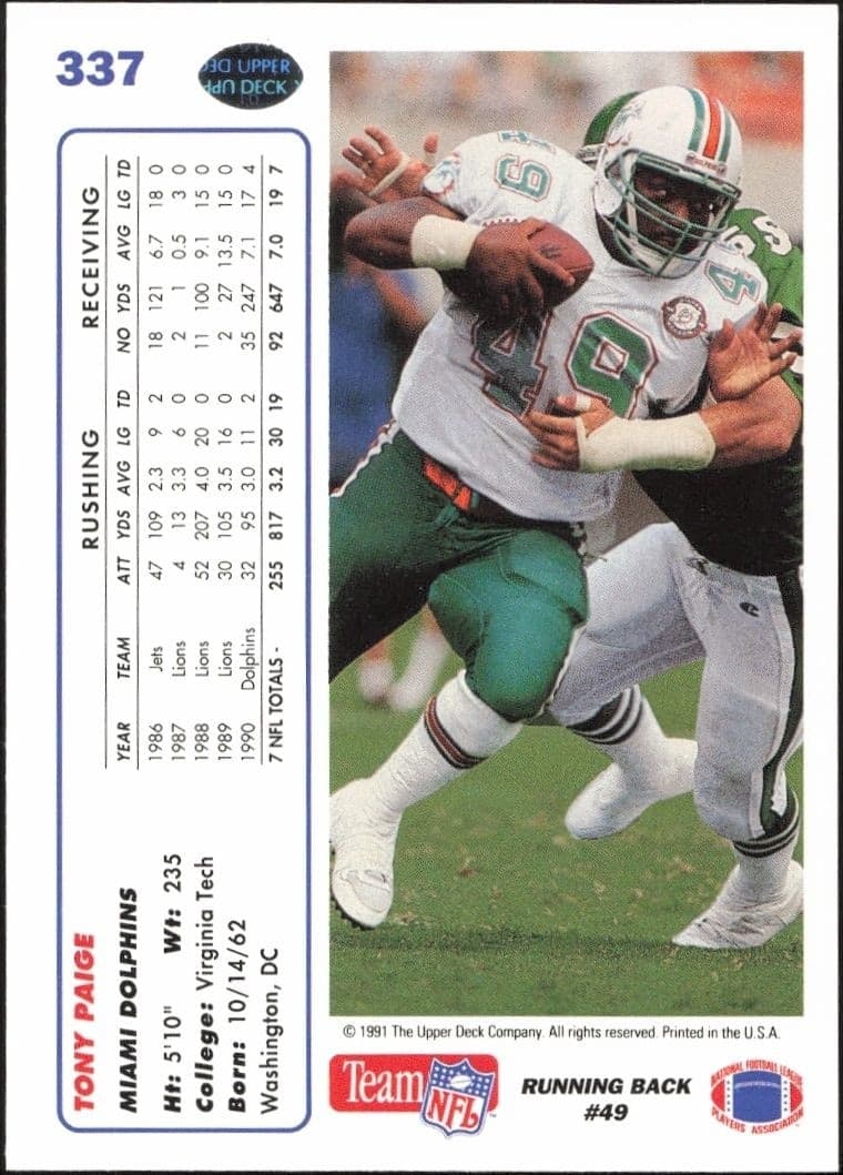 1991 Upper Deck Tony Paige #337 football trading card back