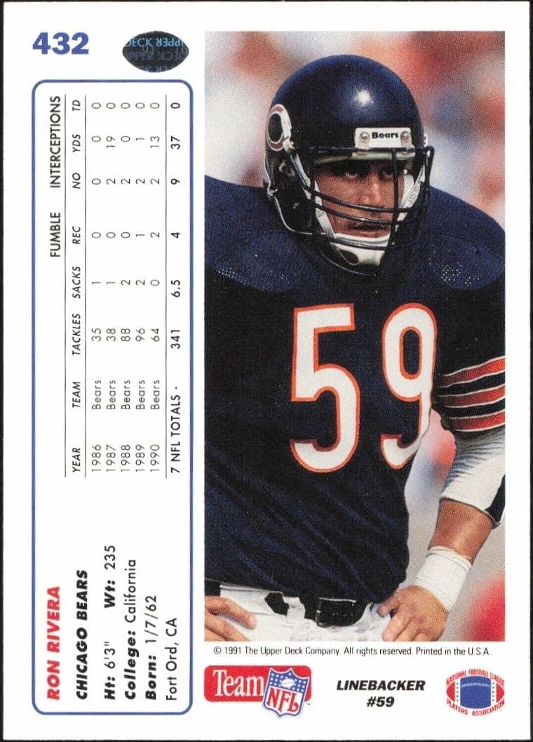 1991 Upper Deck Ron Rivera #432 football trading card back