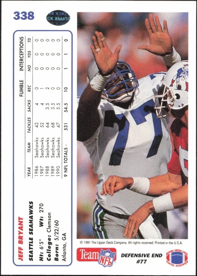 1991 Upper Deck Jeff Bryant #338 football trading card back