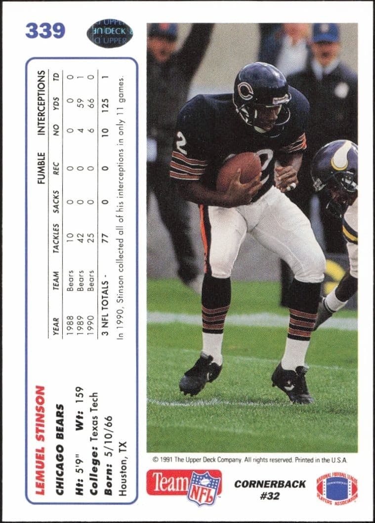 1991 Upper Deck Lemuel Stinson #339 football trading card back
