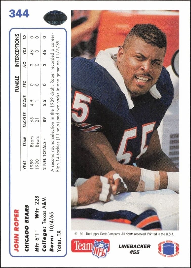 1991 Upper Deck John Roper #344 football trading card back