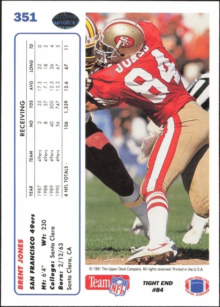 1991 Upper Deck Brent Jones #351 football trading card back