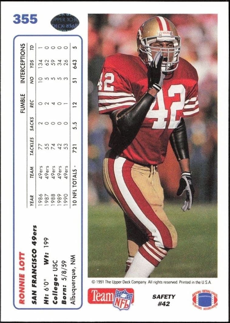 1991 Upper Deck Ronnie Lott #355 football trading card back