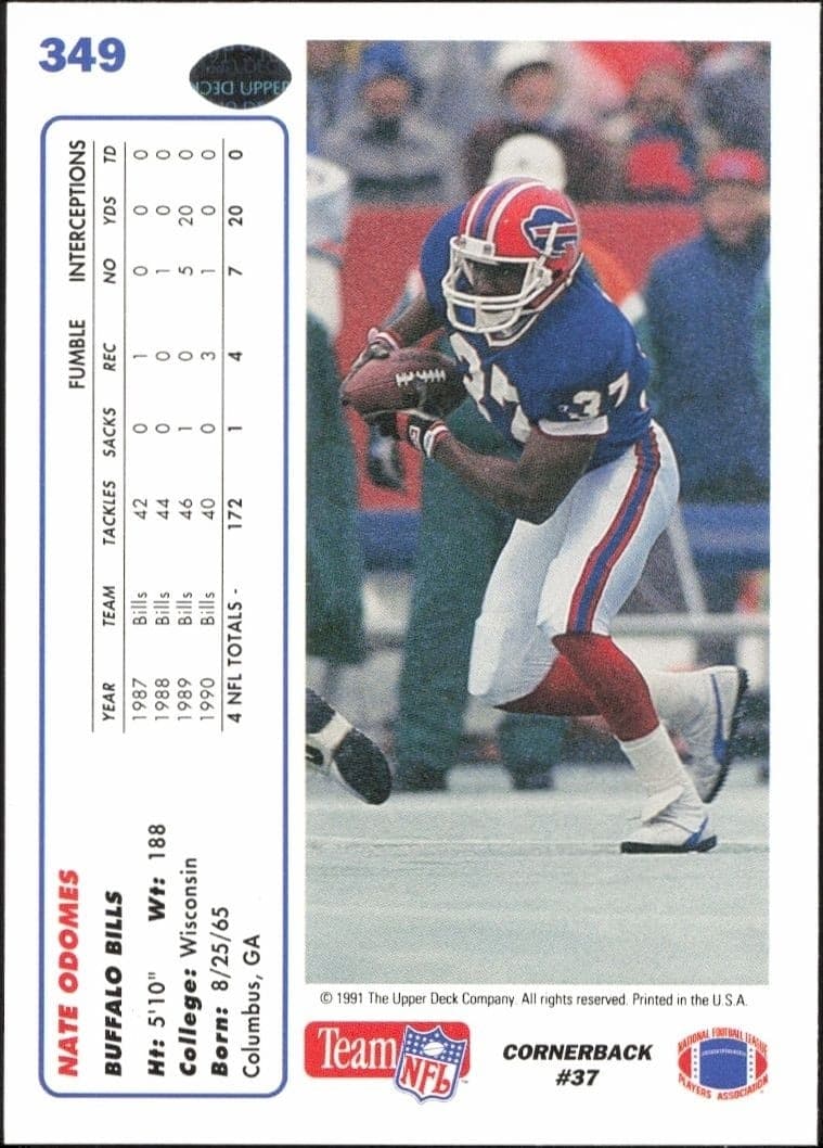 1991 Upper Deck Nate Odomes #349 football trading card back