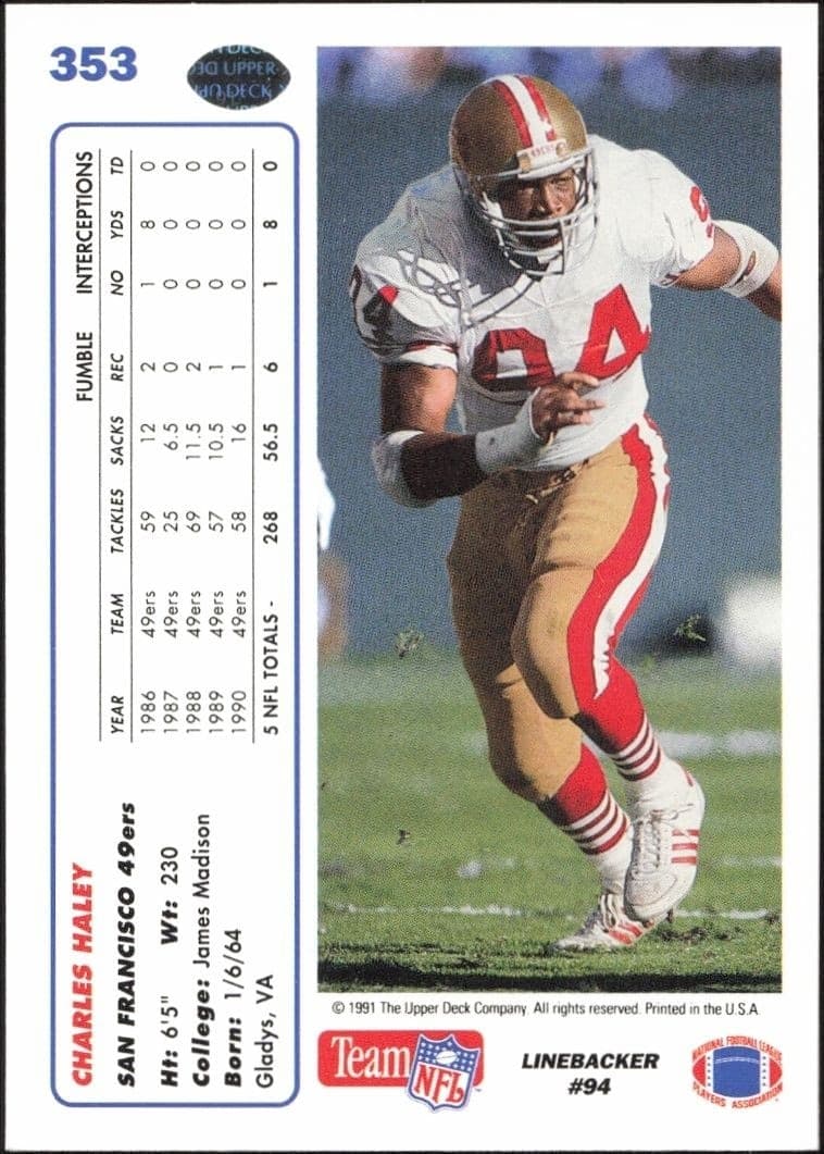 1991 Upper Deck Charles Haley #353 football trading card back