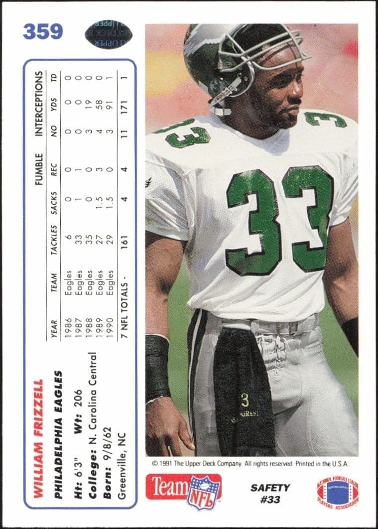 1991 Upper Deck William Frizzell #359 football trading card back
