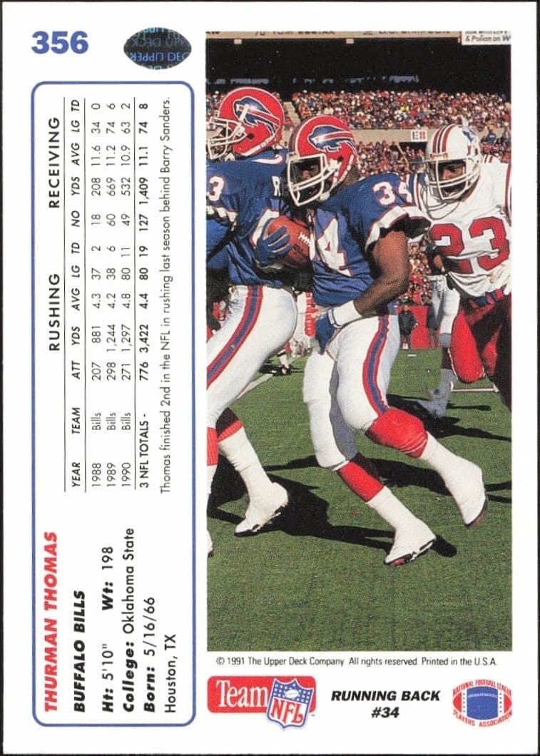 1991 Upper Deck Thurman Thomas #356 football trading card back