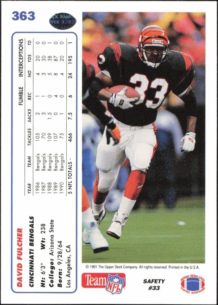 1991 Upper Deck David Fulcher #363 football trading card back
