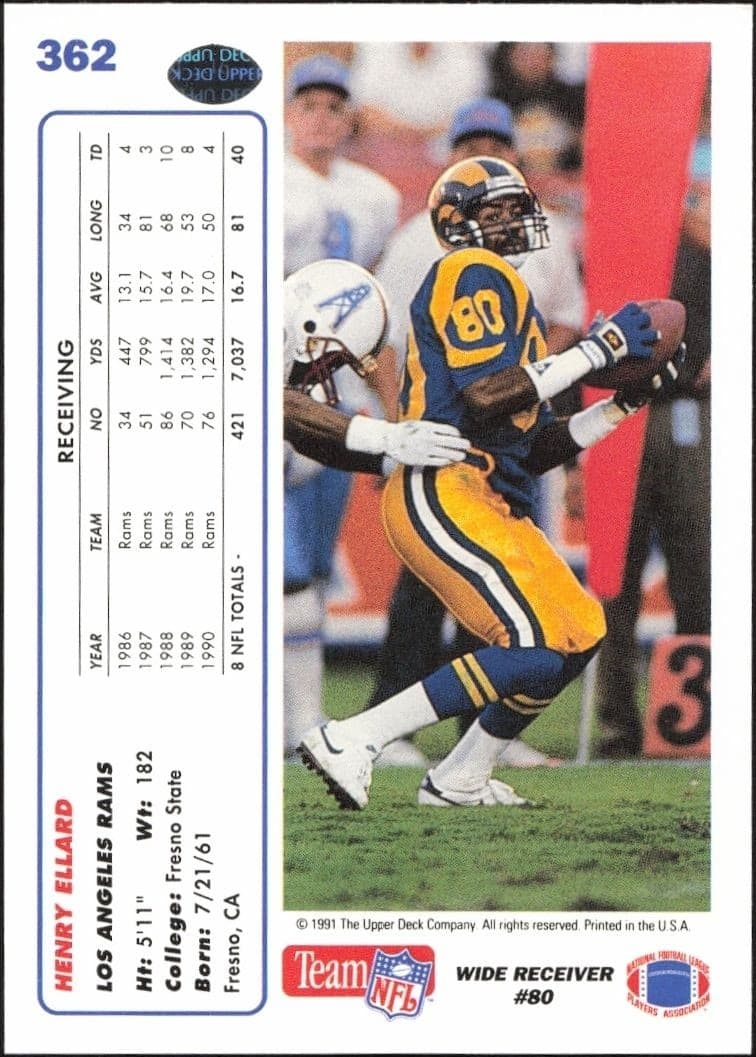 1991 Upper Deck Henry Ellard #362 football trading card back