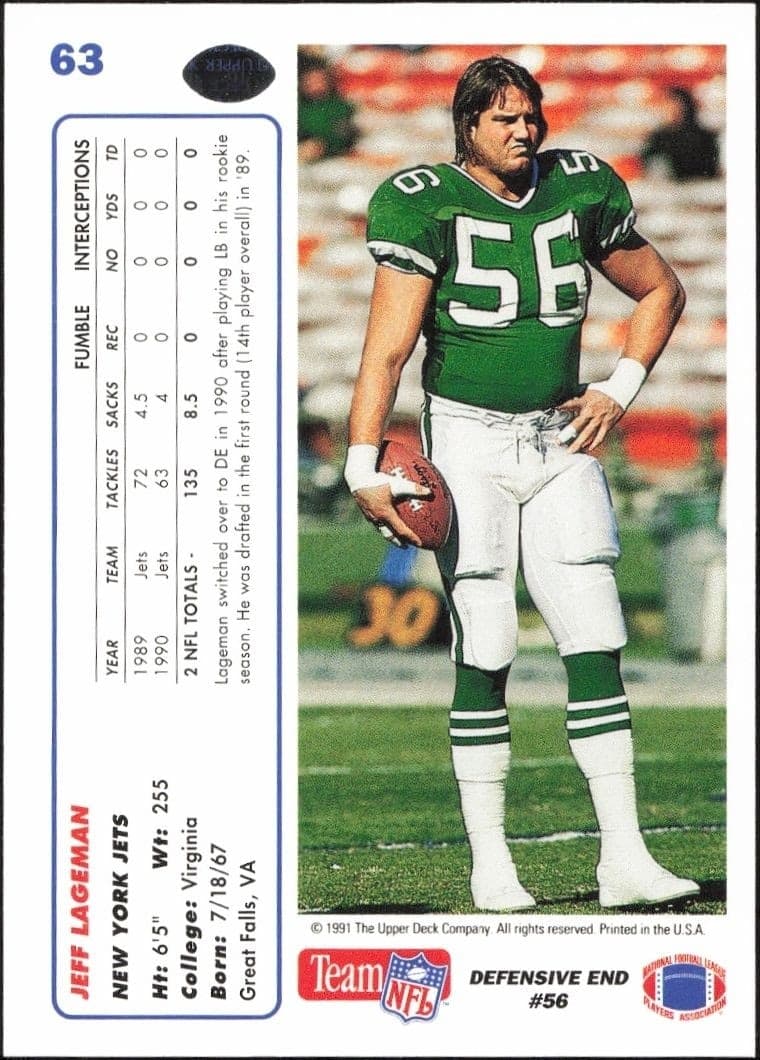 1991 Upper Deck Jeff Lageman #63 football trading card back