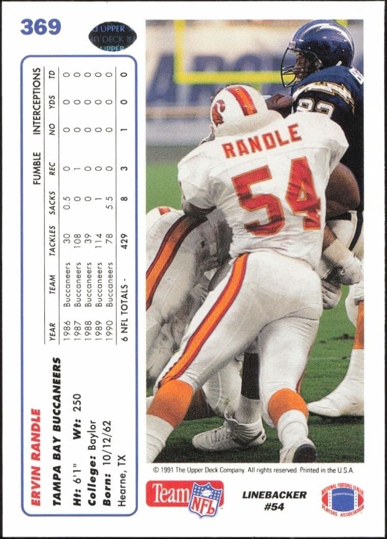 1991 Upper Deck Ervin Randle #369 football trading card back