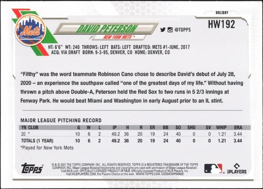 2021 Topps Holiday David Peterson #HW192 baseball trading card back