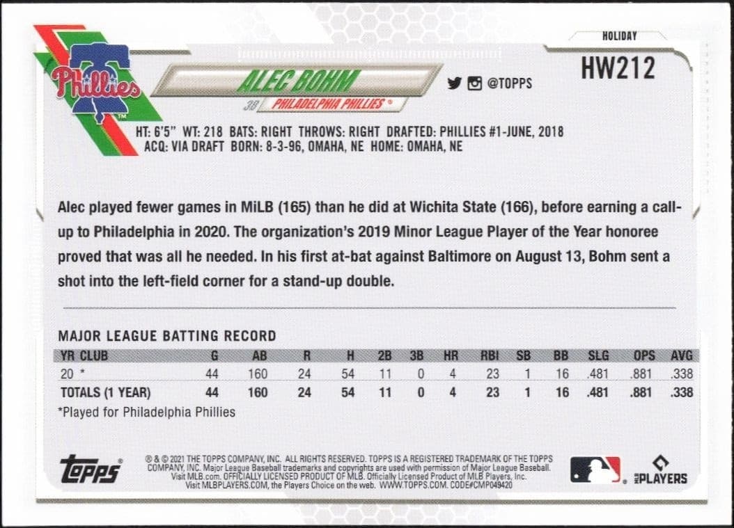2021 Topps Alec Bohm #HW212 baseball trading card back