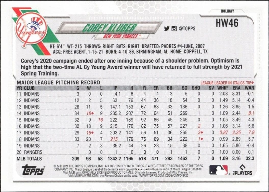2021 Topps Holiday Corey Kluber #HW46 baseball trading card back