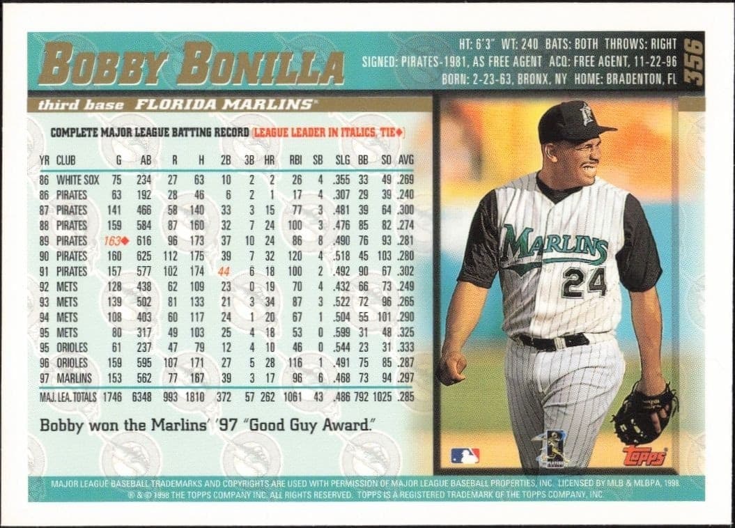 1998 Topps Bobby Bonilla #356 baseball trading card back