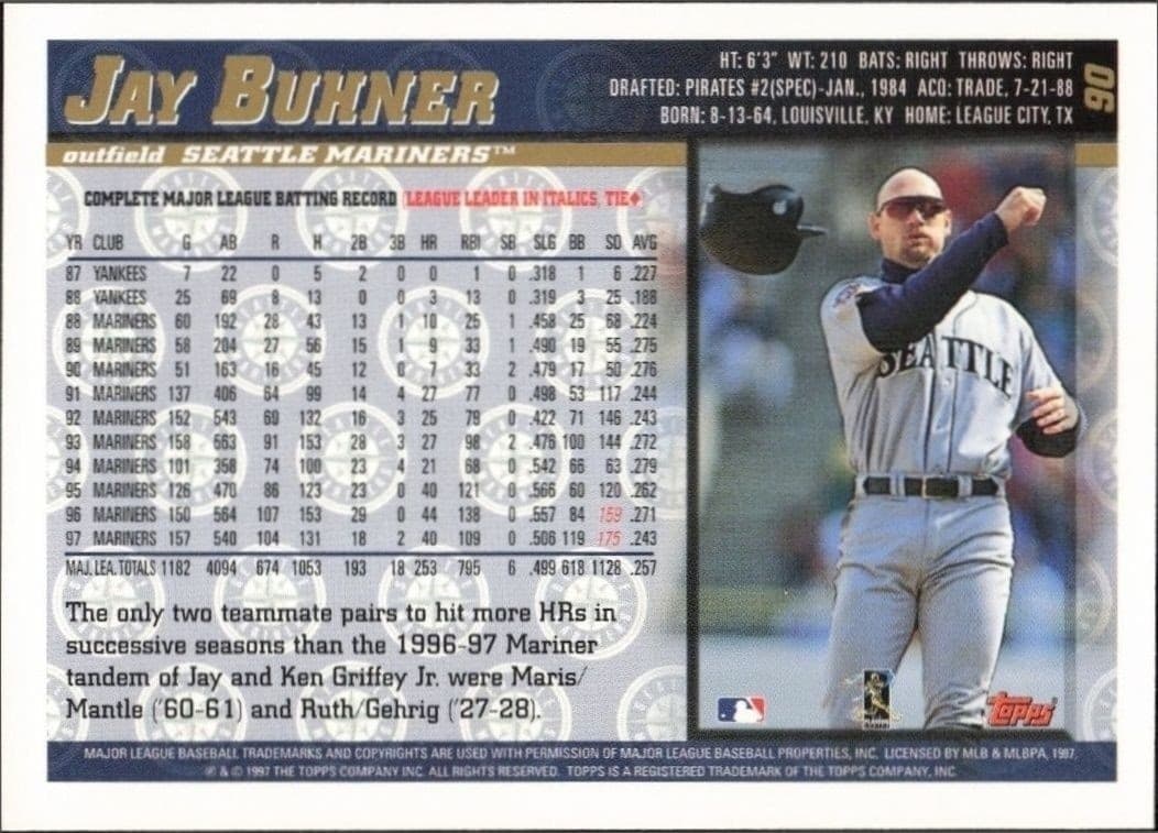 1998 Topps Jay Buhner #90 baseball trading card back