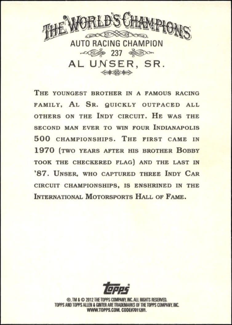 2012 Topps Allen & Ginter Al Unser #237 baseball trading card back