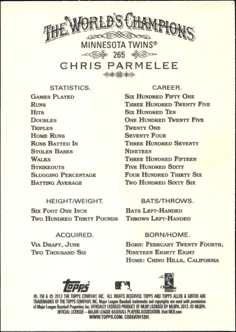 2012 Topps Allen & Ginter Chris Parmelee #265 baseball trading card back