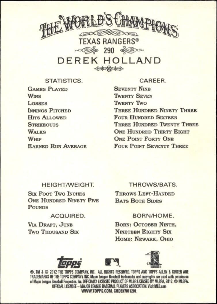 2012 Topps Allen & Ginter Derek Holland #290 baseball trading card back