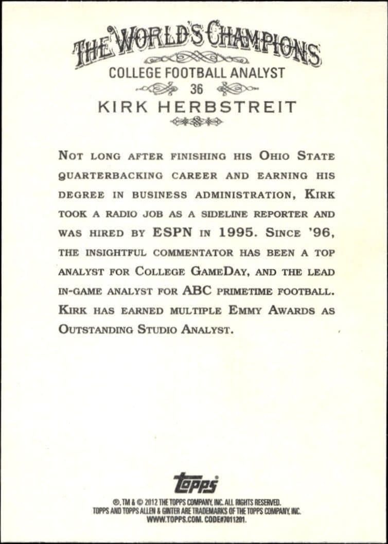 2012 Topps Allen & Ginter Kirk Herbstreit #36 baseball trading card back