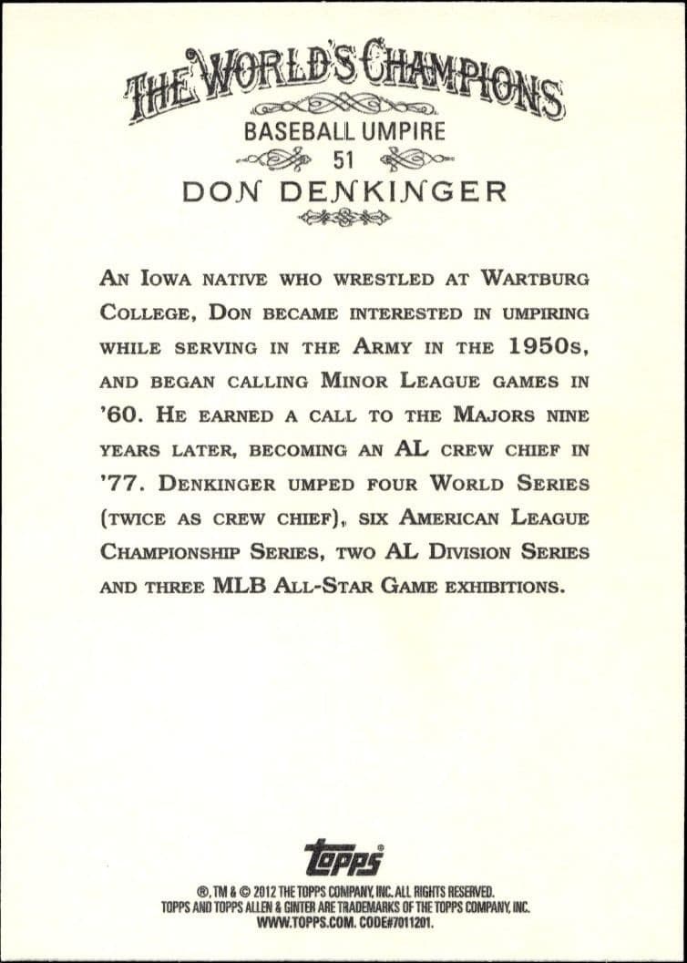 2012 Topps Allen & Ginter Don Denkinger #51 baseball trading card back