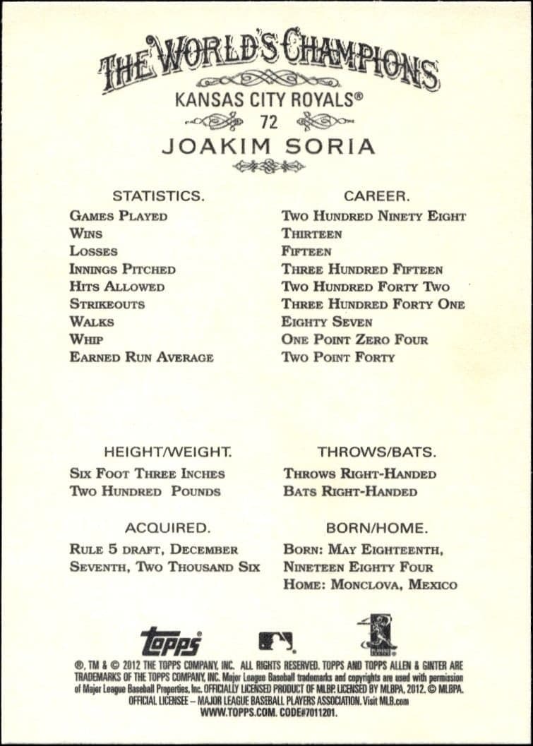 2012 Topps Allen & Ginter Joakim Soria #72 baseball trading card back