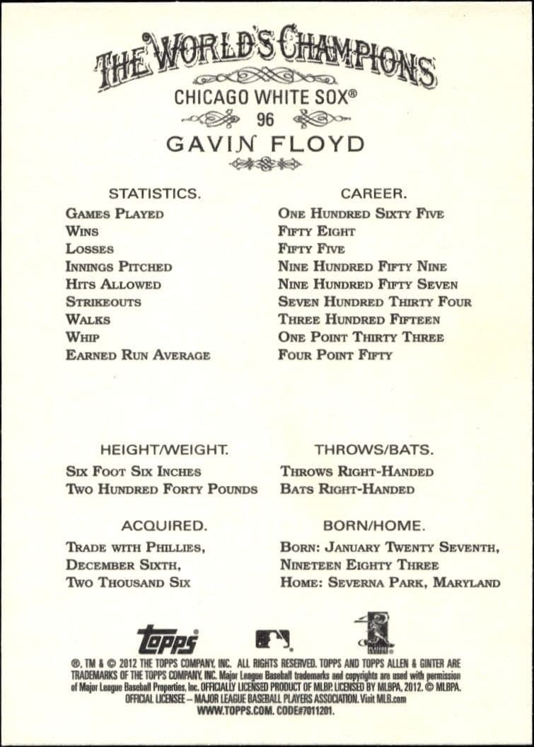 2012 Topps Allen & Ginter Gavin Floyd #96 baseball trading card back