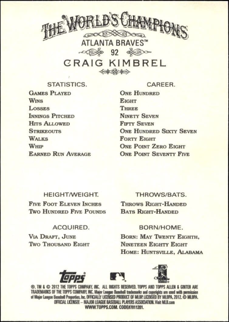 2012 Topps Allen & Ginter Craig Kimbrel #92 baseball trading card back