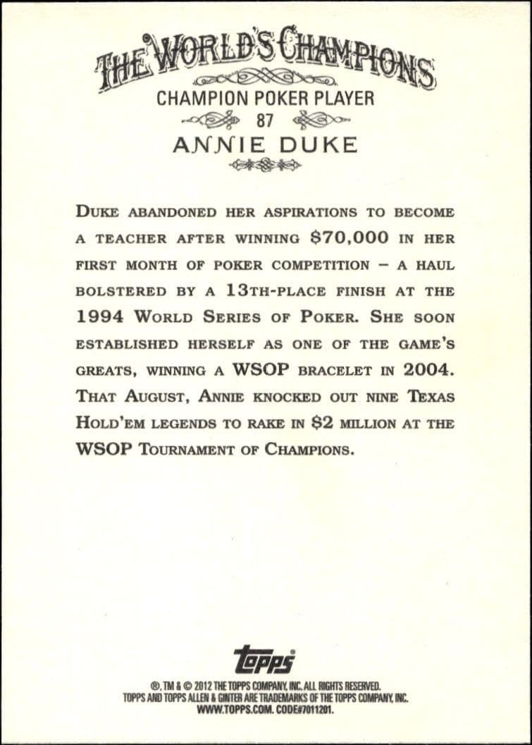 2012 Topps Allen & Ginter Annie Duke #87 baseball trading card back