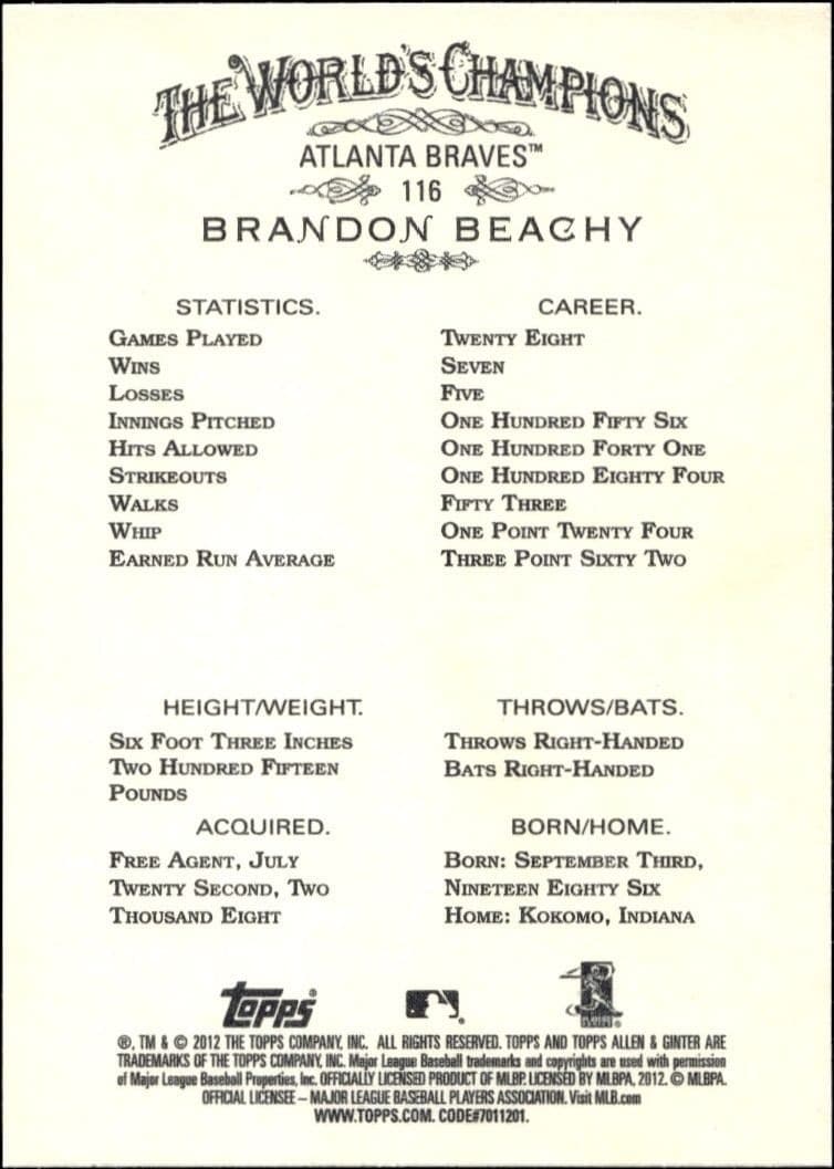 2012 Topps Allen & Ginter Brandon Beachy #116 baseball trading card back