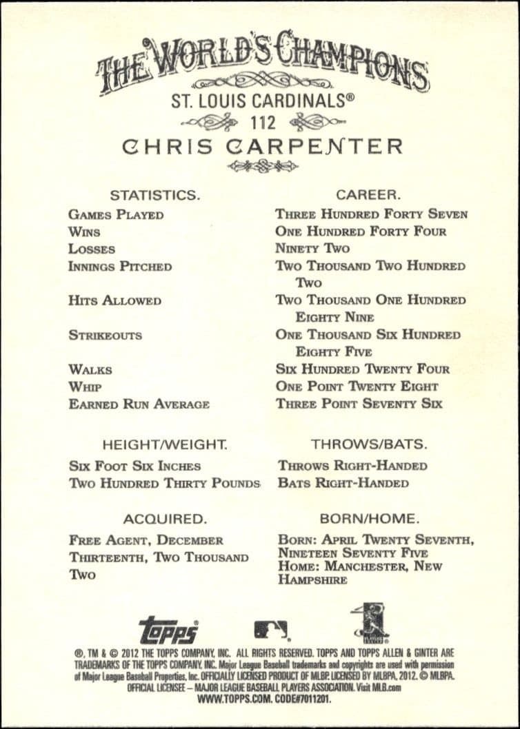 2012 Topps Allen & Ginter Chris Carpenter #112 baseball trading card back