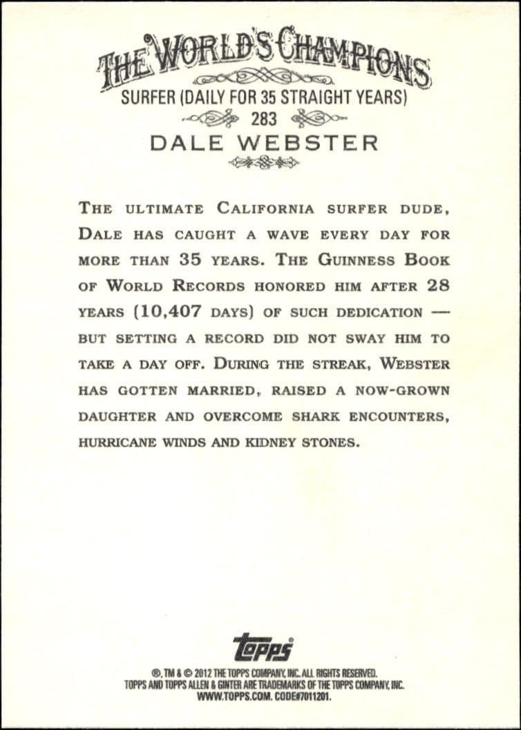2012 Topps Allen & Ginter Dale Webster #283 baseball trading card back