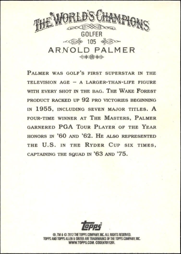 2012 Topps Allen & Ginter Arnold Palmer #105 baseball trading card back